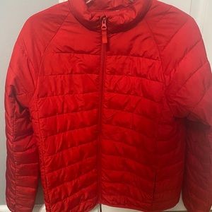 Red puffer jacket